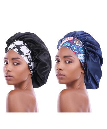 2PCS Satin Hair Bonnet for Black Women Elastic Wide Band Braid Bonnet for Sleeping Single Layer Sleep Cap for Braid curly natural hair Black + Blue Black + Navyblue