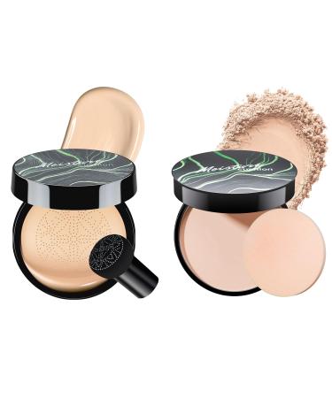 Mushroom Head Air Cushion CC Cream with Setting Powder Makeup Set Blurs Fine Lines & Imperfections Controls Shine & Smooths Complexion Even Skin Tone for All Skin Types for Women (Natural)