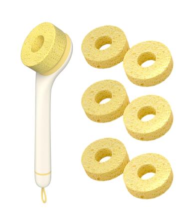Ulafbwur kitchen cleaning brush 1 set pot with 6 replacement heads non -slip oil -free long handle 5.1 cm multifunctional peeler sponge scrubber beige