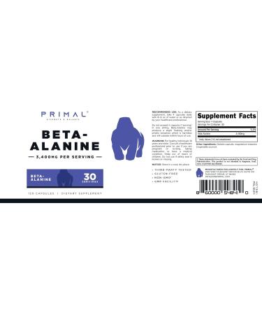 Primal Beta-Alanine Capsules 3400mg (30 Servings 120 Capsules) - Supplement Gluten-Free & Non-GMO 850mg Per Cap - Buy Online on GoSupps.com