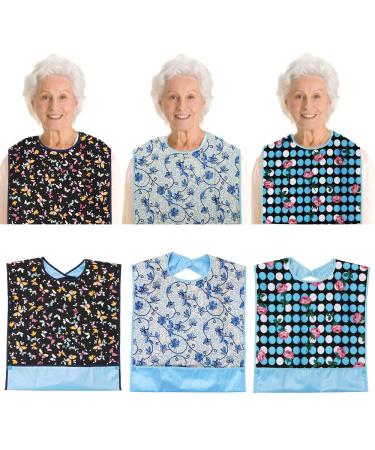 Vlokup Adult Bibs for Eating Women Washable 3 Pack Waterproof Reusable Clothing Protector for Elderly with Crumb Catcher Floral & Flower Butterfly & Flower