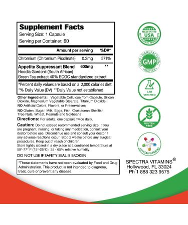 Appetite Suppressant 60 Capsules with S. African Hoodia and Green Tea Extract - Boost Energy and Metabolism - Made in USA - Buy Online on GoSupps.com