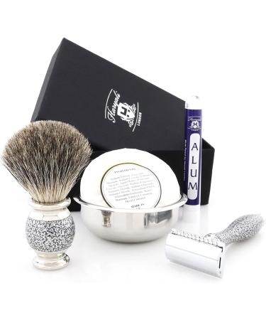 Old-School Complete Shaving Set for Men | Pure Black Badger Brush DE Safety Razor Engraved Bowl & Soap - International Shipping Available - Buy Online on GoSupps.com