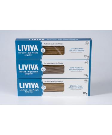 LIVIVA Low Carb High Protein KETO Pasta Trial Pk (1 Linguine 1 Spaghetti 1 Fettuccine) 135 g Protein per Box with Pea Protein & Konjac Flour - 8g Net Carbs Diabetic-Friendly - Ready to Eat in 3 4 mins - Healthy Al Dente Pasta