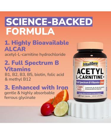 Acetyl-L-Carnitine HCl 1250mg with B1 B2 Niacin Biotin Folic Acid Methyl B12 B5 & Iron B Vitamins High Potency Energy Brain Support 120 Vegan Caps 120 Count (Pack of 1) - Buy Online on GoSupps.com