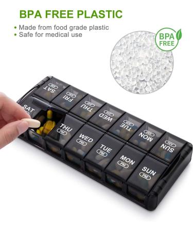 Sukuos AM PM Pill Organizer 2 Times a Day - 7 Day Weekly Pill Case (Black) - Buy Online on GoSupps.com