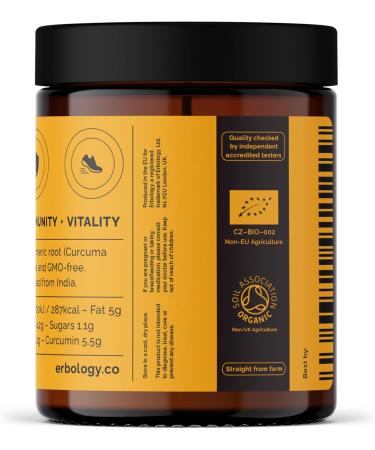 Erbology Organic Turmeric Powder 3.2 oz - 90 Servings - 5.5% Curcumin - No Additives or Preservatives - Sustainably Sourced Straight from Farm in India - Small Batch - Vegan - GMO-Free - Buy Online on GoSupps.com