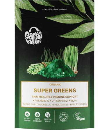 Earths Basket Organic Super Greens Powder 100g (Blend of Spirulina Powder Chlorella Powder Wheatgrass Powder & Barley Grass Powder - Vitamin A B12 & Iron) - Buy Online on GoSupps.com
