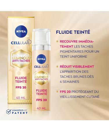 NIVEA Luminous 630 Tinted Fluid SPF20 (1 x 40 ml) Anti-pigmentation facial care that adapts to skin tone Anti-aging face cream with a fluid formula - Buy Online on GoSupps.com
