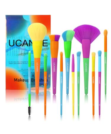 UCANBE Makeup Brushes Set 12pcs Rainbow Premium Synthetic For Foundation Powder Cream Blending Face Eyes Shadow Concealer Blush Eyeliner Eyebrow Make Up Brush Sets & Kits 12 pcs Rainbow Brush Set