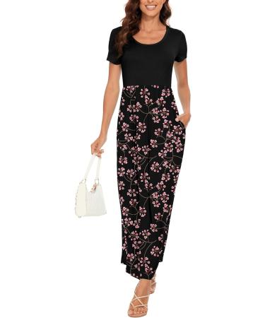 YUNDAI Women's Summer Maternity Maxi Dress with Pocket - Short Sleeve Floral Loose Long Dress Plus Size - Black (L) - Buy Online on GoSupps.com