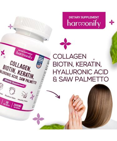 HARMONIFY Collagen Biotin Keratin Hyaluronic Acid Complex Supplement with Vitamin E, Folic Acid, Pumpkin Seed and MSM, 60 Capsules, 1000 mg - Buy Online on GoSupps.com