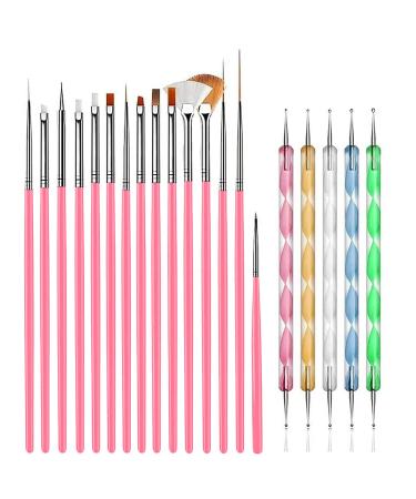 AIBEE 20pcs Nail Art Design Tools, 15pcs Nail Art Brushes Kit with 5pcs Nail Dotting Pens, PINK (pink)