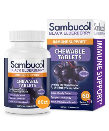 Sambucol Black Elderberry Chewable Tablets - Added Vitamin C Chewable Elderberry Kids & Adults Tablets Supports Immunity Black Elderberry Tablets Chewable Elderberry Gluten Free Vegan - 60 Count
