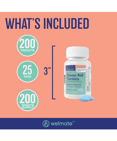 WELMATE Sleep Aid 25mg | Non-Habit Forming | Safe & Effective | Made in USA | 200 Tablets - Buy Online on GoSupps.com