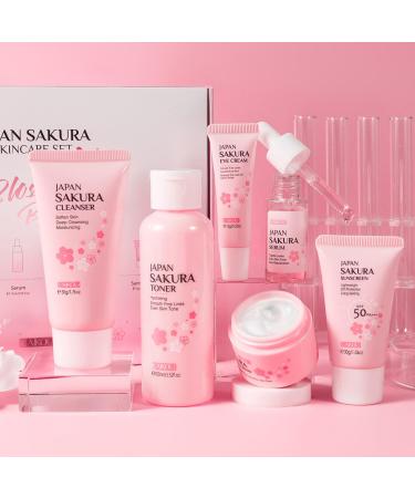 LAIKOU Sakura Ensemble de Soins de la Peau 6pcs Coffret Soin Visage Femme Sakura avce Nettoyant Tonique Contour Yeux S rum Cr me Cr me Solaire pour Adolescentes et Femmes