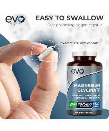 Magnesium Glycinate Supplement - 120 Vegan Capsules | 1875mg Per Serving & 375mg Elemental Magnesium | 100% Daily NRV | High Strength for Maximum Bioavailability | Made in UK by EVO Nutrition - Buy Online on GoSupps.com