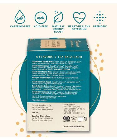Teeccino Dandelion Tea Sampler - 6 Caffeine-Free Herbal Flavors, 12 Bags - Buy Online on GoSupps.com