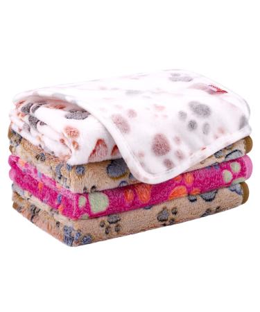 Pedgot 4 Pieces Fluffy Dog Blankets with Paw Print 24 x 16 Inches Soft and Warm Pet Throw Blankets Sleep Bed Mat for Small Dogs and Cats Brown,white,pink 30 x 20 Inches