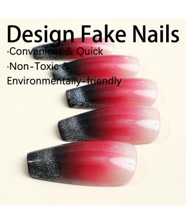 Justotry 24 PCS Black Coffin Nails | Burgundy French Press Glossy Artificial Nails for Women | Nail Art & Design 11 Red & Black - Buy Online on GoSupps.com