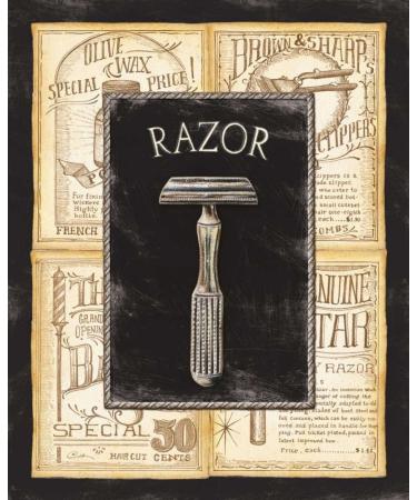 Canvas frame with American box fur care razor Audrey Charlene vertical art print black brown razor bathroom men's care floating frame 38.1 x 30.5 cm