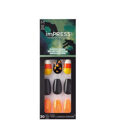 Kiss imPRESS Press on Manicure Halloween Nails - Black Wand Medium Length Coffin Shape 30 Fake Nails