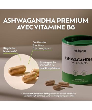 foodspring - Ashwagandha KSM-66 600mg + Vitamin B6 Vegan Capsules - Ashwaganda Dietary Supplement & Vitamin B6 Extract for Hormone Balance & Fatigue Reduction - 90 Capsules - Buy Online on GoSupps.com