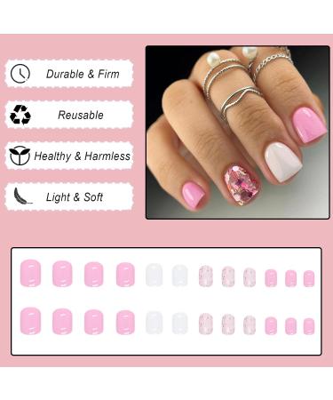 24Pcs French False Nails Short Square Pink White Glitter Designs - Acrylic Full Cover Fake Nails for Women - Nail Art Accessories - Buy Online on GoSupps.com