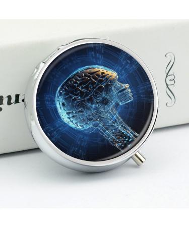 Round Pill Box with AI Brain Print - 3 Compartment Decorative Metal Portable Pill Organizer - Ideal for Travel - Buy Online on GoSupps.com