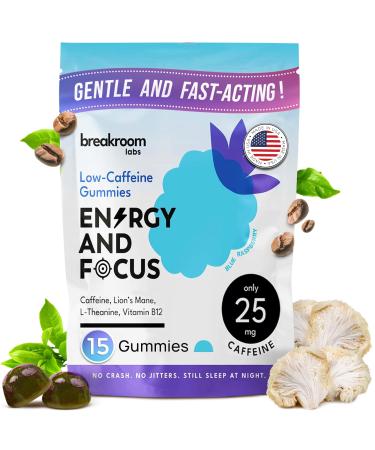 Low-Caffeine Gummies for Energy and Focus w/Vitamin B12 Lion's Mane L-Theanine - Low Sugar No Carbs Gluten Free Vegan Nootropic Energy Chew - Blue Raspberry Flavor 15 Servings