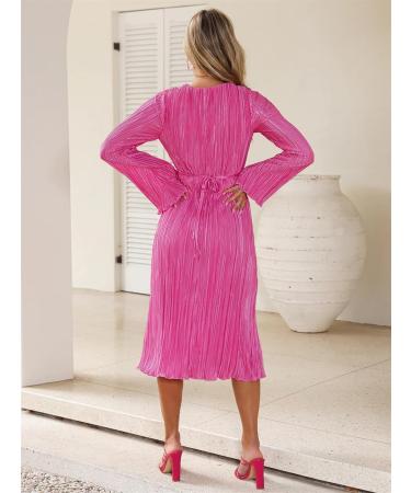Women's Party Dress Deep V Neck Sexy with Belt Flare Long Sleeve Long Dresses High Waist Elegant XL Rose Red - Buy Online on GoSupps.com