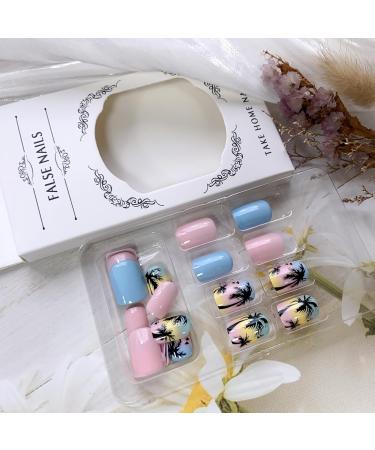 Shop Summer Press On Nails - Square Short Fake Nails with Palm Tree Designs | Glossy Blue & Pink Acrylic | Y2K Style | Reusable 24PCS - Buy Online on GoSupps.com