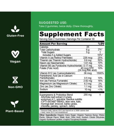 Goli SuperGreen Gummy Vitamin - 60 Count | Plant-Based, Vegan, Gluten-Free & Gelatin Free - Essential Vitamins and Minerals for Optimal Health - Buy Online on GoSupps.com