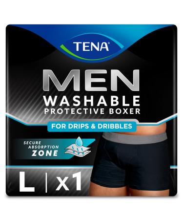 TENA Men - Washable Protective Pants - Soft Comfy and Secure Boxers for Drips and Dribbles - Invisible Protection Classic Cut - Light Absorption - Pack of 1 - Black - Size L L (Pack of 1)