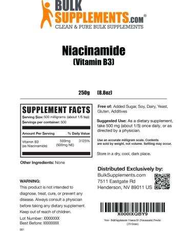 Niacinamide Powder Supplement 500mg - B3 Vitamin for Skin Health - Pure & Gluten Free - 250g (8.8 oz) - Buy Online on GoSupps.com