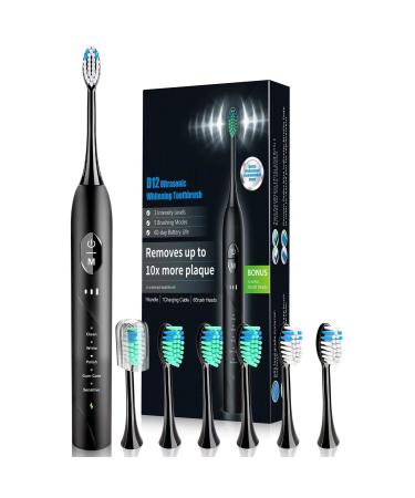 Electric Toothbrush with 6 Replacement Brush Heads Rechargeable Toothbrushes 5 Modes with 2 Minutes Smart Timer Reminder for Travel Gift (Black)