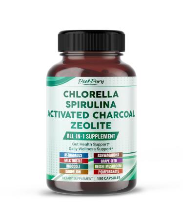 Ultra All-in-1 Chlorella Spirulina Activated Charcoal & Zeolite Natural Detox Immune & Vitality Support 150 Capsules 150 count (pack of 1)