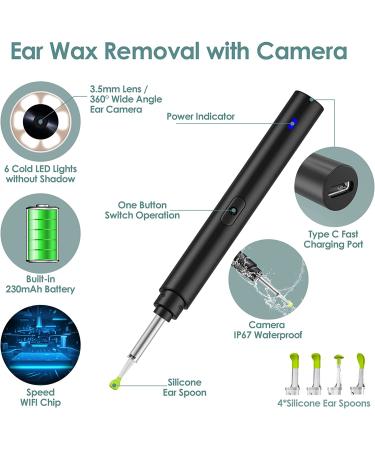 Smart Visual Ear Cleaner | Wireless Ear Wax Removal Tool Camera | 1296P FHD Otoscope with 6 LED Lights | IP67 Waterproof | Ear Camera for iPhone, iPad, Android | Black - Buy Online on GoSupps.com