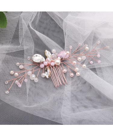 Dainty Pink Crystal Rhinestone Bride Wedding Hair Comb - Rose Gold Pearl Beads Side Hair Comb for Women - Buy Online on GoSupps.com