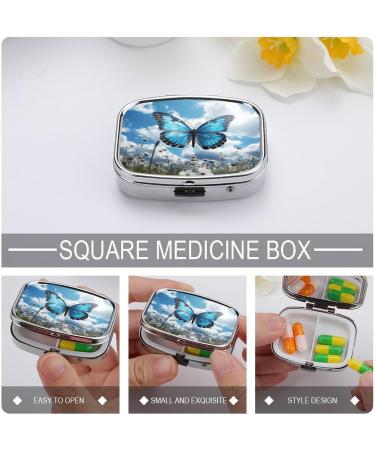 Blue Butterfly & Clouds Pill Box - 2 Compartment Decorative Metal Pill Organizer | Portable Pocket & Purse Medication Case - Buy Online on GoSupps.com