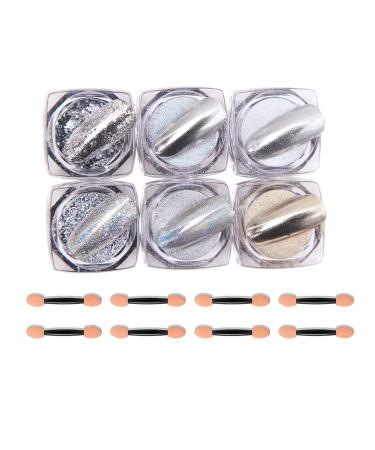 Chrome Nail Powder 6 Boxes Aurora Magic Mirror Effect Nail Powder Dust Manicure Pigments Holographic Nail Glitter Sequins for DIY Nail Art Design Decoration (Silver)