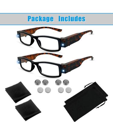 2 Pack LED Reading Glasses - Lighted Readers for Clear Vision - Unisex Nighttime Eyewear 2.0x Magnifier - Compact Black Frames - Buy Online on GoSupps.com