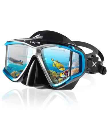 EXROSSI Scuba Diving Mask Panoramic 4 Lens, Tempered Glass Snorkeling Dive Mask with Nose Cover, Anti Fog Snorkel Goggles Gear, Adult Youth Swim Mask for Diving, Snorkeling, Swimming Colar Blue