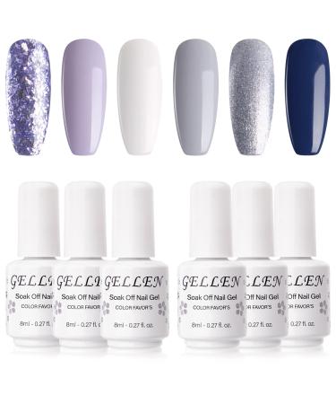 Gellen Gel Nail Polish Kit - Soft & Tranquil Tones Lavender Grays White Midnight Blue 6 Colors, Popular Solid Metallic Glitters Nail Art Design Salon/Home Gel Manicure