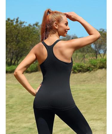 ATTRACO Ribbed Tank Top with Built-In Bra | Racerback Scoop Neck Athletic Top - Black - Large - Buy Online on GoSupps.com