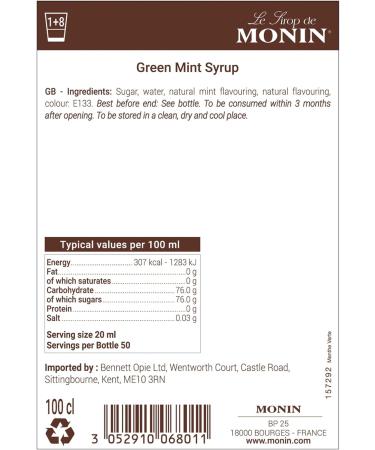 MONIN Premium Green Mint Syrup 1L - Ideal for Cocktails and Mocktails | Vegan-Friendly & Allergen-Free | 100% Natural Flavours - Buy Online on GoSupps.com