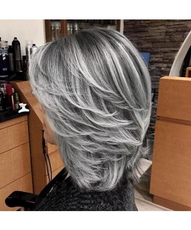 Jolelyne Silver Gray Ombre Layered Wigs with Curtain Bangs for Women Synthetic Short Light Grey Wig Layered Gray Wavy Bob Wig Highlight Grey Curly Bob Wig for Black Women Silver Grey Wig for Daily Use Grey 02