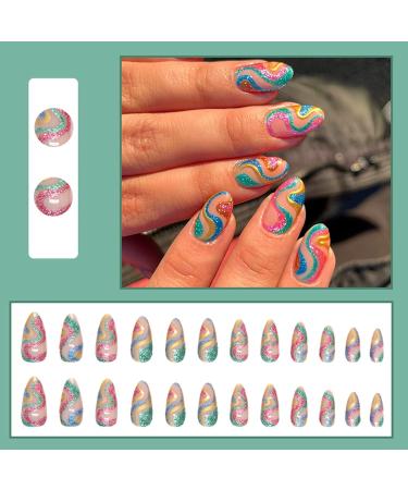 Stunning Almond Stiletto Press-on Nails - 24Pcs Glossy False Nails with Colorful Swirl Designs for Women and Girls - Buy Online on GoSupps.com