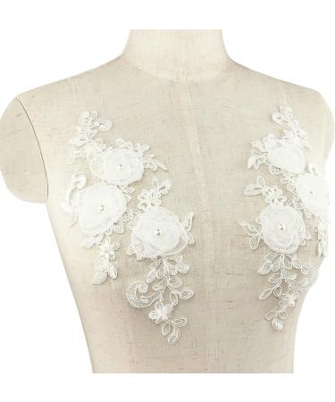White 3D Pearl Organza Embroidered Lace Flower Appliques - 1 Pair for Wedding Dress & Craft DIY - Buy Online on GoSupps.com