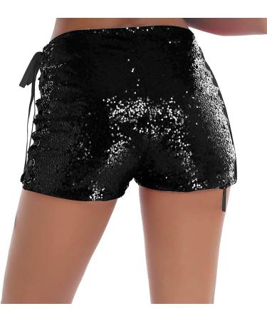 Duohropke Women's Metallic Hot Pants | Glitter High Waist Shorts for Dance Disco & Carnival - M 02 Black - Buy Online on GoSupps.com